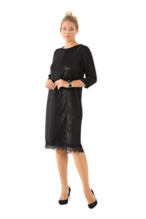 Fierte Kadın Büyük Beden Elbise Lm34010 Yuvarlak Yaka Truvakar Kol Parlak Dantel Detay Siyah Desenli