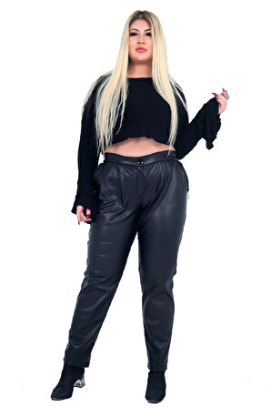 Fierte Kadın Büyük Beden Pantolon Ay8824 Elastik Bel Fermuar Kapama Spor Cep Kadife İç Kaplama Deri siyah