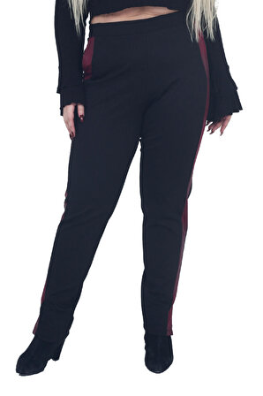 Fierte Kadın Büyük Beden Pantolon Lm32080 Elastik Bel Deri Şerit Detay Boru Paça Siyah Bordo