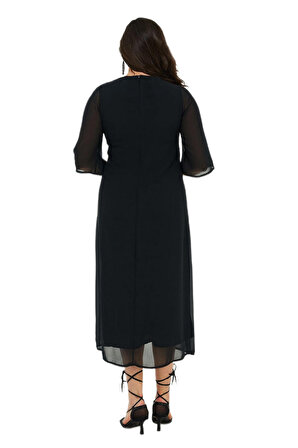 Fierte Kadın Büyük Beden Elbise Lm84071 Oval Yaka Payet Detay Drape