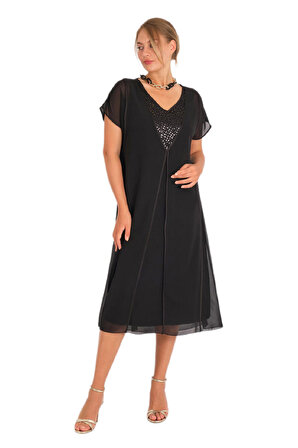 Fierte Kadın Büyük Beden Elbise Lm84420 V Yaka Payet Detay Şifon