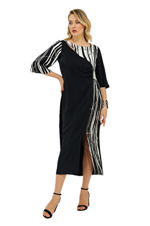 Fierte Kadın Büyük Beden Elbise Lm84070 Oval Yaka Detay Yarım Kol Parlak