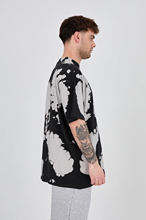 Unisex Oversize Batik Desenli Siyah Tişört