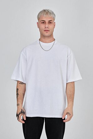 Erkek Oversize Düz Basic Beyaz Tişört