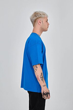 Erkek Oversize Düz Basic Mavi Tişört