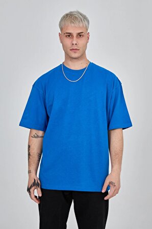 Erkek Oversize Düz Basic Mavi Tişört