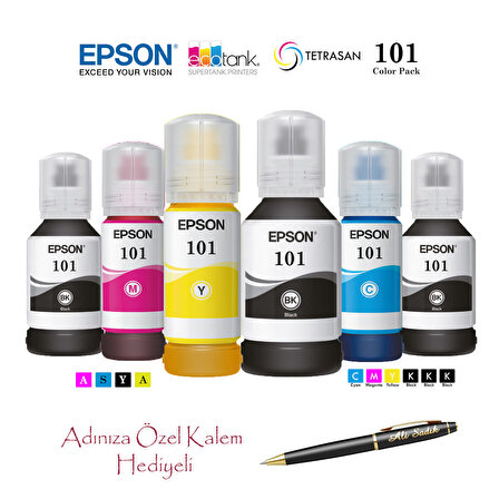 Epson 101 (CMYK+2BK) 6 Renk Kartuş, Epson EcoTank L4266 Uyumlu Kalem Hediyeli Mürekkep Seti