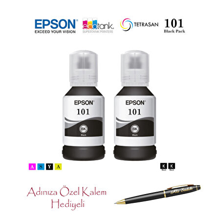 Epson 101 (BK) 2'Lİ Siyah, Epson EcoTank L4266 Uyumlu Kalem Hediyeli 2 Siyah Mürekkep Seti