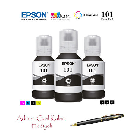 Epson 101 (BK) 3'Lü Siyah, Epson EcoTank L4266 Uyumlu Kalem Hediyeli 3 Siyah Mürekkep Seti