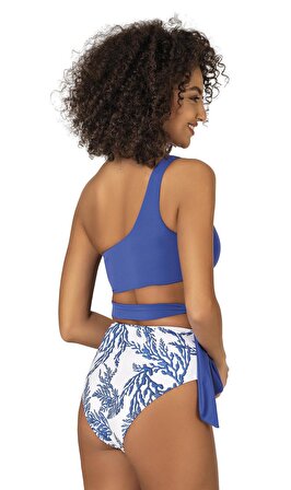 Endeep Kadın Yüksek Bel Yan Bağlama Detaylı Mavi Desenli Bikini Takımı