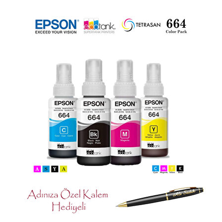 Epson 664 (CMYK) 4 Renk Kartuş, Epson EcoTank L382 Uyumlu Kalem Hediyeli Mürekkep Seti