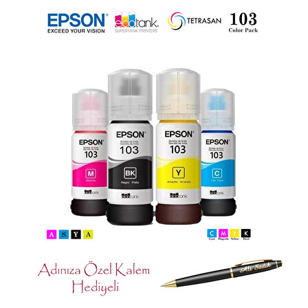 Epson 103 (CMYK) 4 Renk Kartuş, Epson EcoTank L3256 Uyumlu Kalem Hediyeli Mürekkep Seti