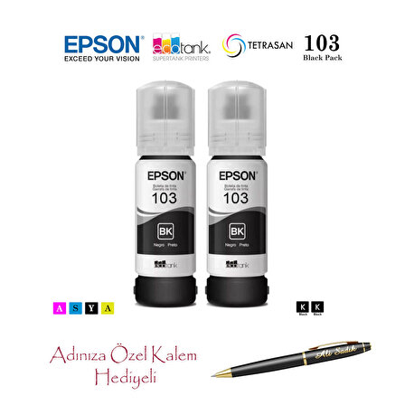 Epson 103 (BK) 2'Lİ Siyah, Epson EcoTank L3250 Uyumlu Kalem Hediyeli 2 Siyah Mürekkep Seti