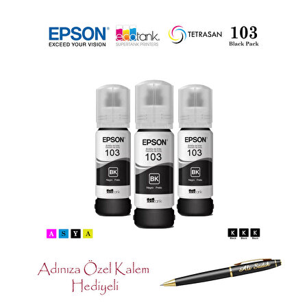 Epson 103 (BK) 3'Lü Siyah, Epson EcoTank L3250 Uyumlu Kalem Hediyeli 3 Siyah Mürekkep Seti