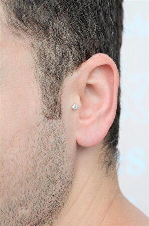 Erkek Çelik Taşlı Piercing Tragus Helix Kıkırdak Gümüş Renk