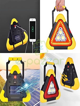 Solar Panelli 5 Mod Cob Led Araç İkaz Işığı Flaşörlü Powerbank Özellikli 2000mah Şarjlı Reflektör