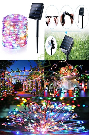 Multicolor 200 Led 20 Mt. 8 Fonksiyon Solar Panelli Peri Tel Kablo İç Ve Dış Mekan Bahçe Kamp Verand