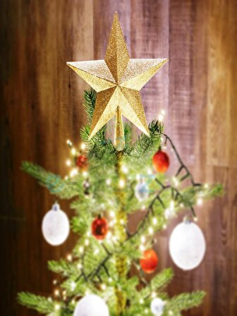 20 Cm Gold Dore Simli Işıltılı Noel Christmas Yılbaşı Ağaç Konsept Süsleme Tepe Yıldızı