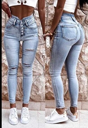 Kadın Yüksek Bel Düğmeli Yırtık Detay Kot Pantolon