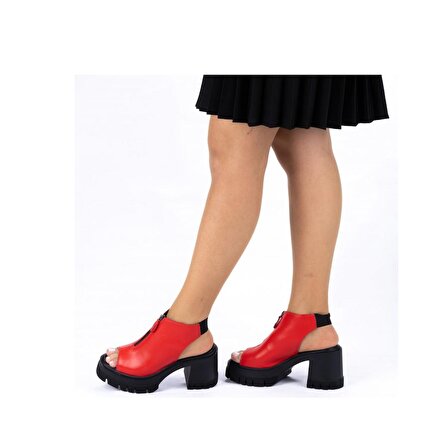 Twoegoist Kadın Hakiki Deri Platform Topuklu Fermuarlı Yazlık Ayakkabı Sandalet
