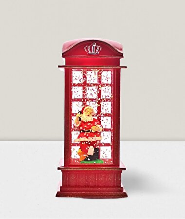 LED Işıklı Sulu Simli İngiliz Telefon Kulübesi İçinde Noel Baba Figürlü Obje