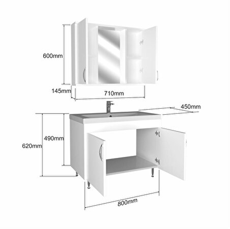 Ert Concept Star Kare Banyo Dolabı 80 cm Ayaklı Beyaz