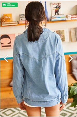 Kadın Mavi Cepli Mevsimlik Fermuarlu Çıtçıtlı Uzun Denim Ceket