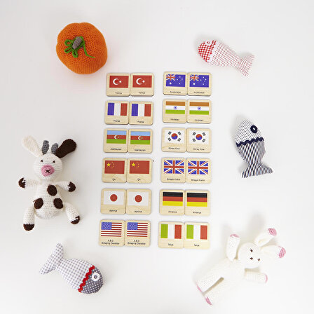 Montessori Ahşap Hafıza Kartıları Eşleştirme Oyunu (Ülke Bayrakaları)