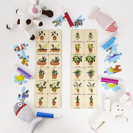 Montessori Ahşap Hafıza Kartıları Eşleştirme Oyunu (Saksı Çiçekleri)