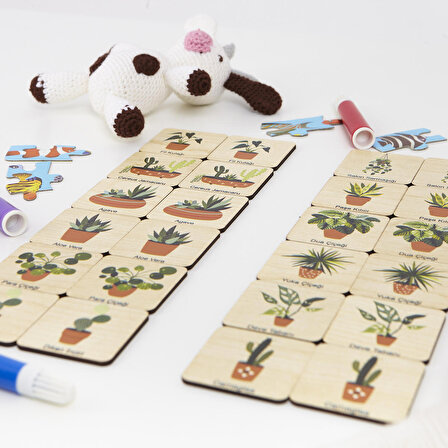 Montessori Ahşap Hafıza Kartıları Eşleştirme Oyunu (Saksı Çiçekleri)