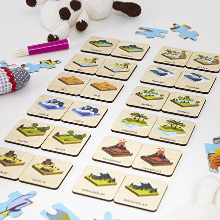 Montessori Ahşap Hafıza Kartıları Eşleştirme Oyunu (Yeryüzü Şekilleri)