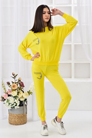 Kapüşonlu Nakış Detaylı Uzun Kollu Sarı Kadın Eşofman Takım