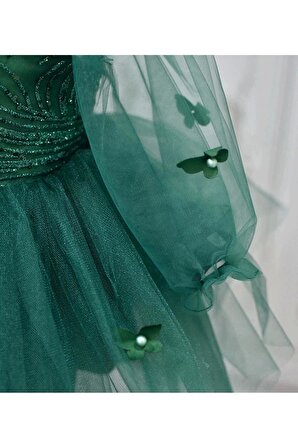 Kız Çocuk Zümrüt Yeşili Parıltılı Uzun Kol Şeffaf Kelebek Detaylı Kabarık Tütülü Elbise