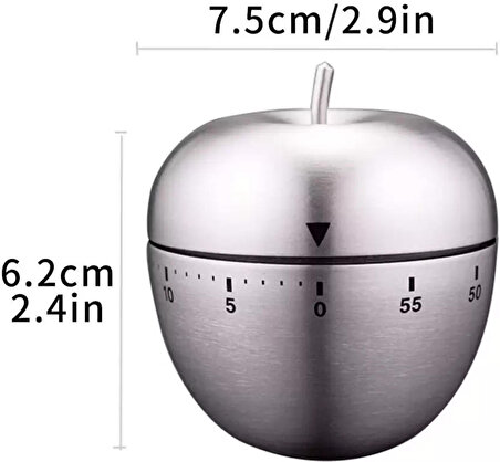 Taşınabilir Metalik Gri Apple Paslanmaz Kararmaz Çelik Mekanik 60 Dakika Timer Zamanlayıcı Saat