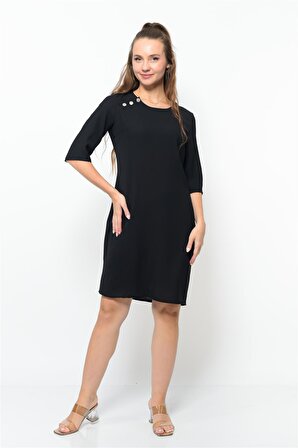 Kadın Omuzdan Düğmeli Mini Elbise Siyah