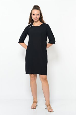 Kadın Omuzdan Düğmeli Mini Elbise Siyah