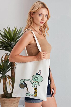 Squidward Model Baskılı Günlük Kullanım Özel Baskı Bez Omuz Çantası Hediyelik Tote Bag