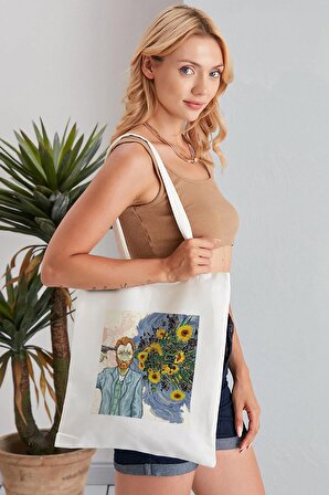 Van Gogh Sunflower Model Baskılı Günlük Kullanım Özel Baskı Bez Omuz Çantası Hediyelik Tote Bag