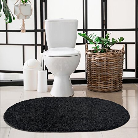 Eurobano Home - Siyah Kaymaz Taban Yıkanabilir Shaggy Oval Halı Banyo Halısı