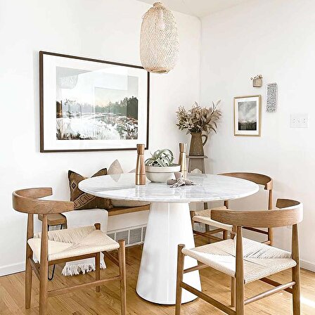 Woven Yemek Masası Beyaz Ayak Beyaz Mermer
