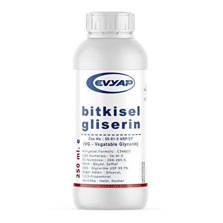 EVYAP Bitkisel Gliserin | %99.7 Saflık | Gıda Tipi Yenilebilir | 250 ML