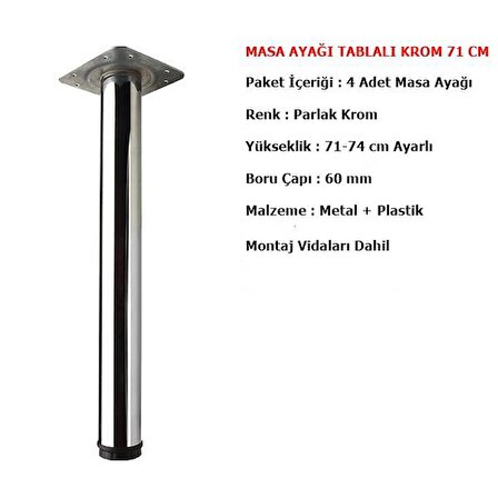 4 Adet Masa Ayağı 71 cm Ayarlı Krom Mobilya Ayak Çap : 60 mm 