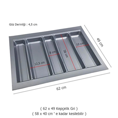 Çekmece İçi Kaşıklık Kepçelik 62 x 49 cm Gri Mutfak Düzenleyici