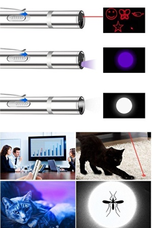 Usb Ile Şarj Edilebilen 3 In 1 Lazer Pointer Uv El Feneri + El Feneri Kırmızı Işık + Beyaz Meşale