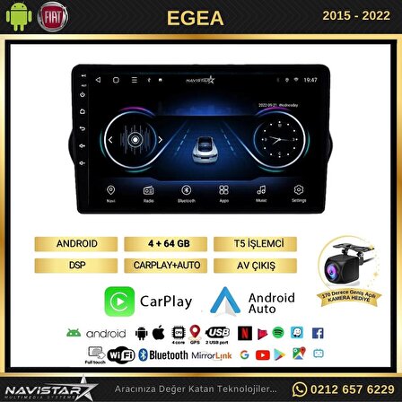 Fiat Egea 4GB + 64GB Kablosuz Carplay 2015-2022 Android 13 Navigasyon Multimedya Sistemi 
