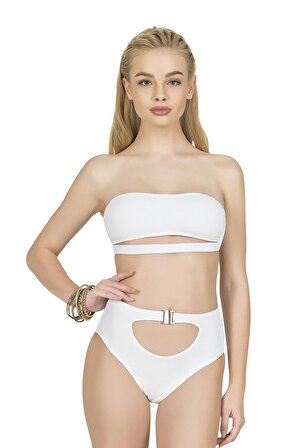 Endeep Kadın Yüksek Bel Aksesuarlı Beyaz Bikini Altı