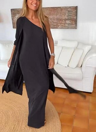 Ergur Kaya Kadın Sandy Kumaş Yelekli Ve önden Yırtmaç Detaylı Elbise