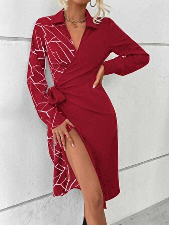 Ergur Kaya Kadın Uzun Kollu Belden Bağlamalı Bir Tarafı Desenli Scuba Krep Elbise