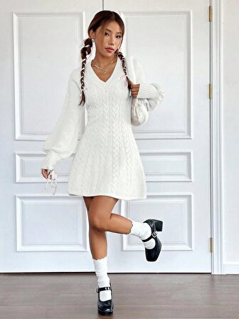 Ergur Kaya Kadın Uzun Kollu V Yaka Kol Detay Saç örgü Kiloş Triko Elbise
