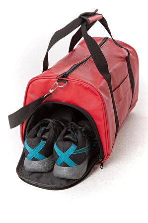 Kırmızı Suni Deri Silindir Seyahat & Fitness & Spor Çantası - Omuz & El Askılı Yan Ayakkabı Bölmeli